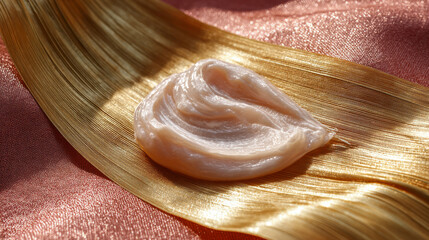 Fototapeta premium Creamy skincare product on golden leaf with soft pink fabric background in natural light