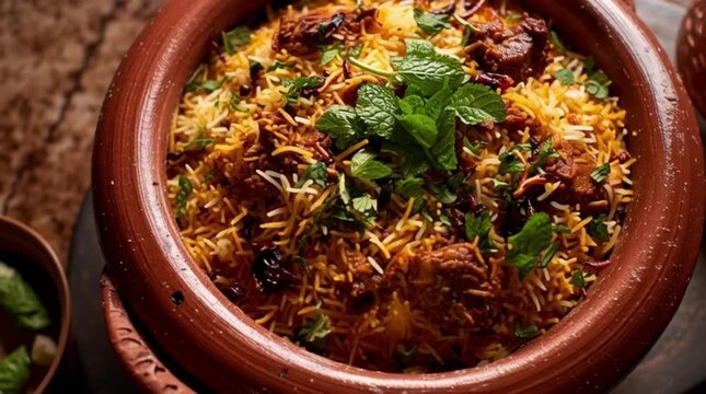 Authentic Indian Biryani Handi with Chicken and Fresh Mint