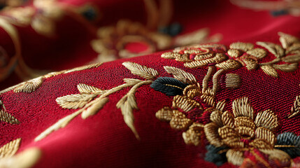 Silk fabric with gold thread embroidery on rich red background showing detailed floral pattern and texture