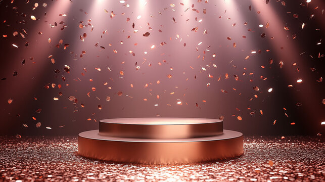 Luxury 3D rose gold podium stage on rose gold background with falling rose gold confetti and cinematic spotlights. Premium award ceremony scene suitable for product presentation, luxury branding