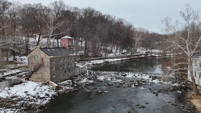 Flying over the rapids on Brandywine River after snow in Wilmington, Delaware
