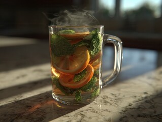 Steaming citrus mint tea on windowsill