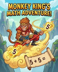 Obraz premium authentic human lifestyle concept Monkey King's Math Adventure Cartoon Illustration. Sun Wukong character for kids educational game and learning materials. modern commercial stock usage