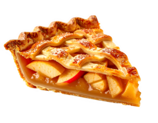 apple pie slice with lattice crust and warm filling.