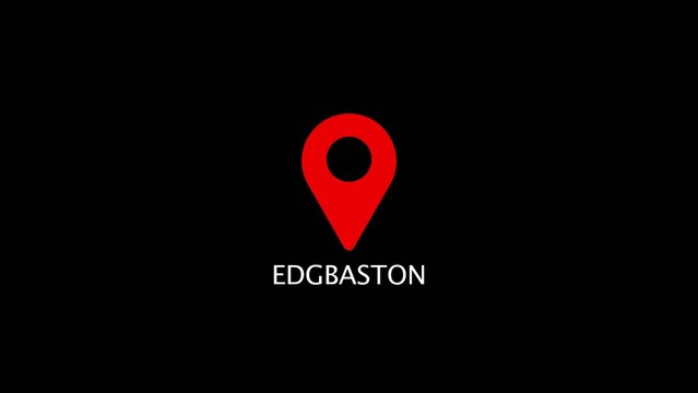 Red location map pin above the word Edgbaston on a Generate title without using the word "Title:" before it. black background