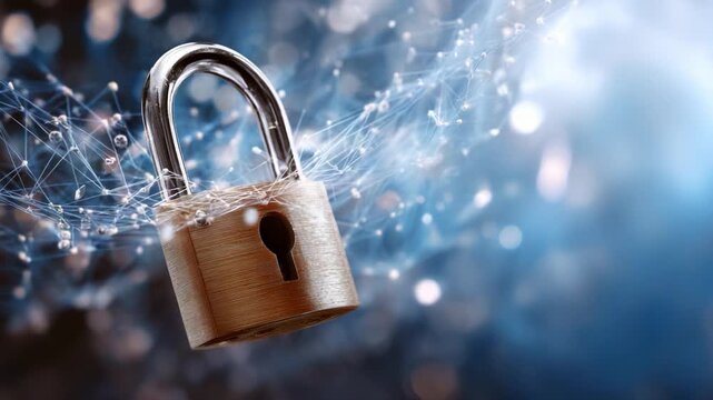 A digital concept representing secure data protection with a padlock, symbolizing safety and integrity in an interconnected technological environment.