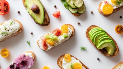 Artistic assortment of gourmet avocado and tomato toasts with fresh toppings