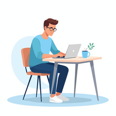 Man working on laptop at desk with coffee and plant nearby in a modern office setting from a front view