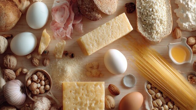 Assorted Cheese, Eggs, Nuts, and Pasta Ingredients for Cooking or Gourmet Food Preparation - Powered by Adobe