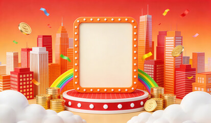 3D Rendered Festive Scene with Blank Marquee Sign, Urban Skyline, Gold Coins, Rainbow and Clouds, Ideal for Promotional, Holiday and Commercial Display Backgrounds