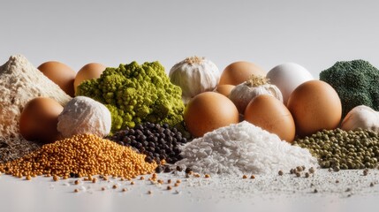 Assorted fresh vegetables and grains including eggs, broccoli, garlic, and various spices arranged