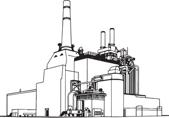 Obraz premium Steel Mill Building Hand-drawn Sketch Drawing Vector Illustration, Line Linear Symbol Engraving Coloring Book, Black and White Isolated