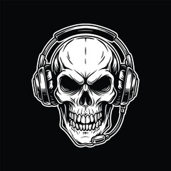 Fototapeta premium Gamer Skull with Headset Illustration, Esports Skull Logo Black and White Line Art