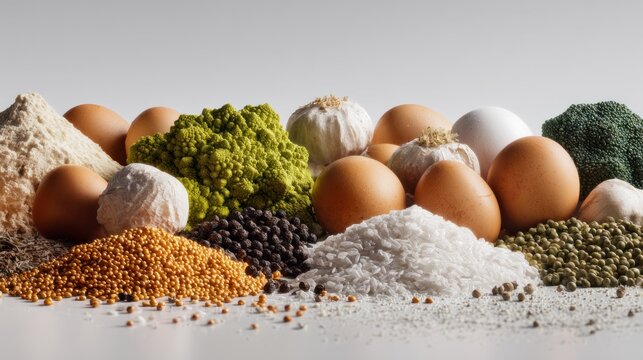 Assorted fresh vegetables and grains including eggs, broccoli, garlic, and various spices arranged - Powered by Adobe
