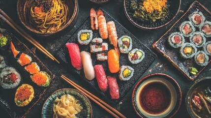 Assorted sushi platter with various types of nigiri and rolls served with soy sauce and pickled