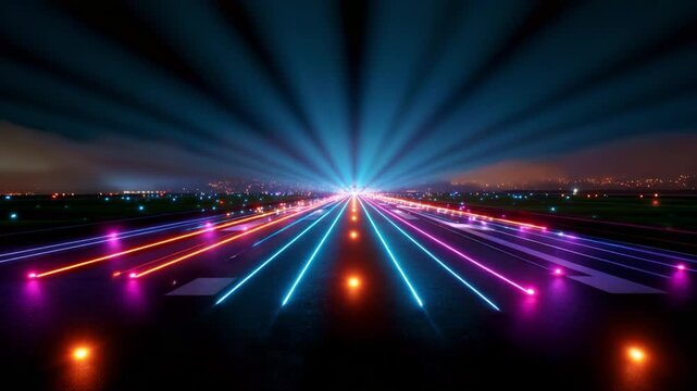 A vibrant display of illuminated lights guides an aircraft down an empty runway at night, showcasing a mesmerizing array of colors and beams that create a captivating and futuristic scene in the sky.