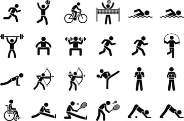 Physical activity icon set, sports silhouette collection, fitness movement vector, adaptive exercise symbols, black human figure illustration, workout graphic design