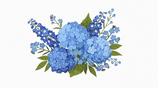 Blue hydrangea bouquet with green foliage in a bright floral arrangement.