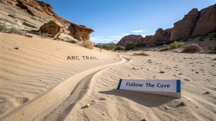 Scenic View of Arc Trail in Desert Landscape with Curved Sand Path and Directional Sign Under Bright Blue Sky