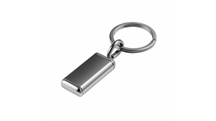 Shiny new silver metal keychain with a rectangular fob isolated on a black background