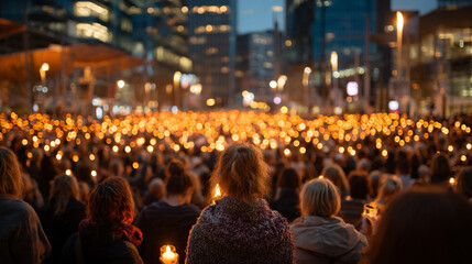 Domestic violence rally scene showing crowd support representing protection justice system responsibility environment lighting