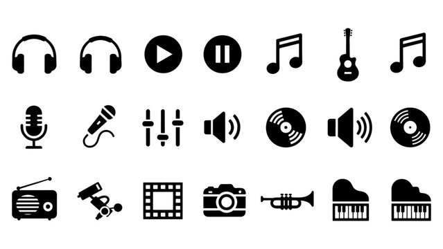 a collection of various black musical instruments and media player icons displayed in a simple flat design with a distinct silhouette