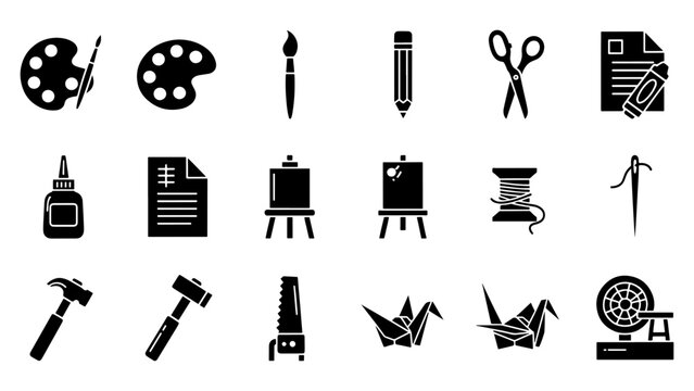 a collection of black art tools and crafting supplies depicted in a minimalist style showcasing various creative implements silhouette high quality professional