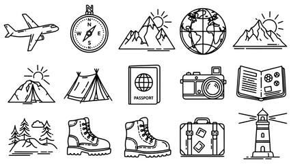 collection of travel related icons including airplane compass and silhouette high quality professional detailed modern elegant stylish clean crisp vibrant colorful digital © MASUMA