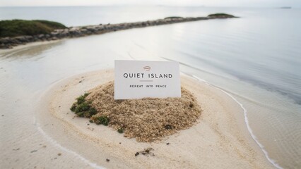 Serene Beach Scene Featuring a Tranquil Sign for a Quiet Island Retreat Surrounded by Gentle Waves and Sand