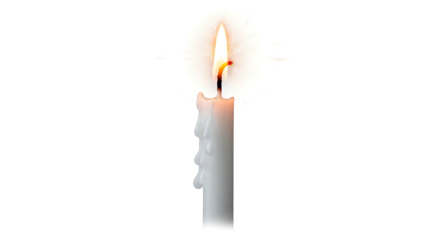 Single lit white candle with dripping wax casting a warm glow against a pure white background symbolizing hope and remembrance.