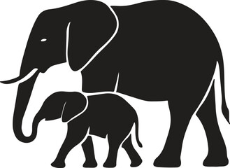 An elegant black silhouette depicts a mother elephant and her calf © Ramim