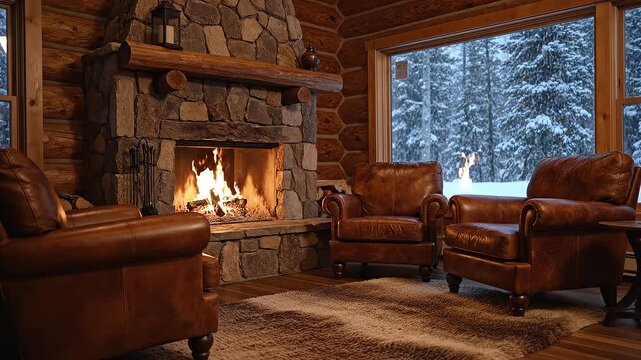 Ambient loop of a roaring stone fireplace radiating warm light onto distressed leather armchairs, contrasting sharply with the serene, snowy pine forest visible through the window.