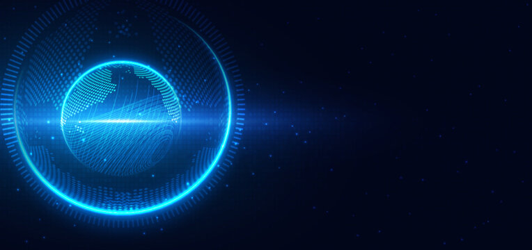 Global speed blue rays connection network on dark blue background. High speed technology futuristic concept.