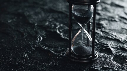 Hourglass with flowing black sand against dark background