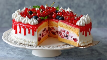 Delicious Homemade Fruit Cake Topped with Fresh Berries and Seasonal Fruits