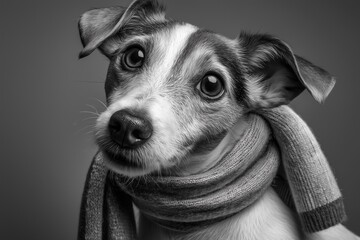 Black and white portrait of a dog wearing a scarf.