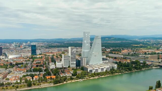Basel, Switzerland. Skyscrapers. Basel is a city on the Rhine River in northwestern Switzerland, near the borders with France and Germany. Drone footage, Point of interest