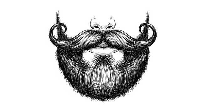 Hand drawn sketch of Full beard with Handlebar mustache isolated on white background. Hipster combo illustration.