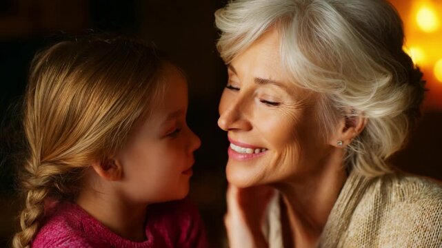 A Heartwarming Moment of Connection Between a Grandchild and Grandparent as They Share Secrets and Joyful Smiles in a Cozy, Warm-lit Setting, Highlighting Their Unbreakable Bond and Generational Love