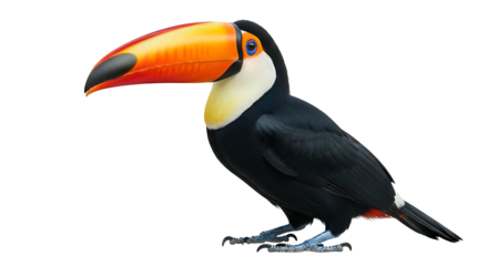 Toco toucan with a large orange beak isolated on a white background.