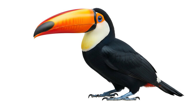 Toco toucan with a large orange beak isolated on a white background.