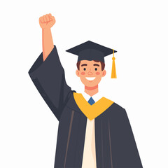 Illustration of a young man celebrating graduation with a raised fist wearing a graduation cap and gown