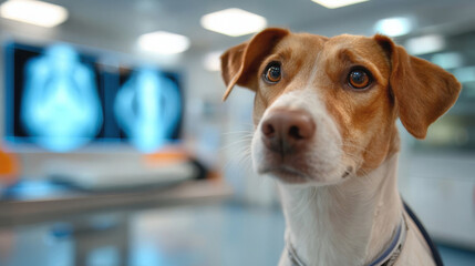 Dog in veterinary clinic looks at X-ray images during check-up with veterinarian staff