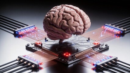 Human brain connected to circuit board
