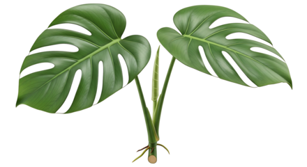 Two Large Green Monstera Leaves with White Stripes Isolated on White Background.