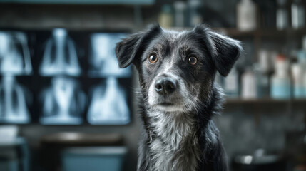 Dog waiting at veterinary clinic for checkup and examination in bright room with equipment