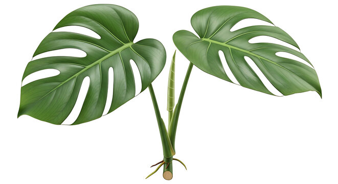 Two Large Green Monstera Leaves with White Stripes Isolated on White Background.