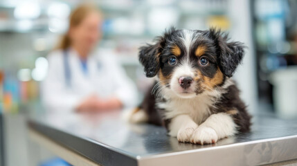 Dog visits veterinary clinic for checkup and care with veterinarian nearby