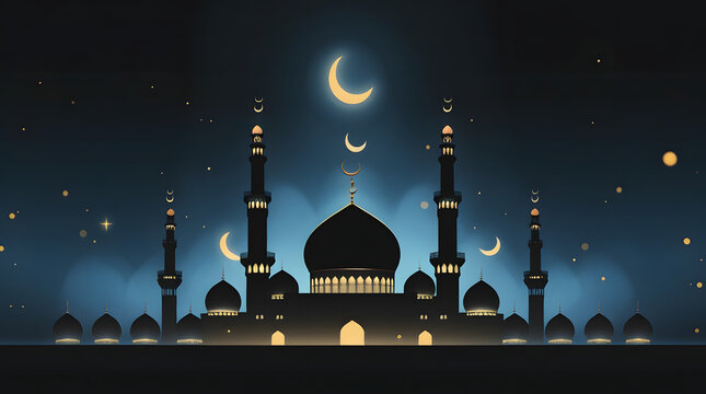 Minimal Modern Ramadan Background with Faint Mosque Silhouette, Atmospheric Light Haze, Deep Blue-Black and Golden Highlights, Ultra-HD 16:9