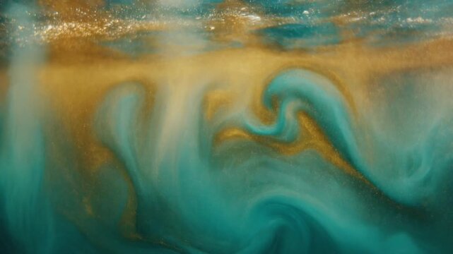 Gold and teal liquid marble textures flowing beneath transparent water surface with refracted light